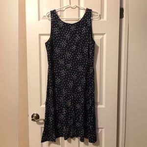 Knit Summer Dress by Ann Taylor Loft Navy Blue with White Flowers Size L Women’s